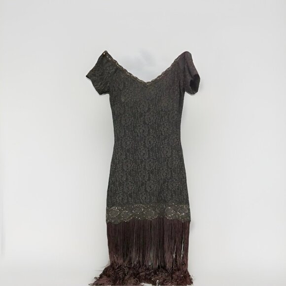 Midnight Glo Black Embellished Cocktail Dress Sz 4 Fringe Drop Waist 1970s 70s - Picture 2 of 9